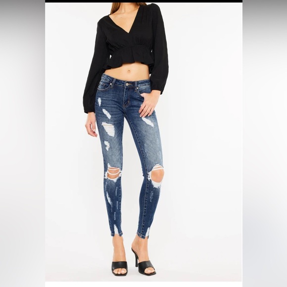 Kancan Distressed Dark Denim Midrise Stretch Jeans, Size 7/27, Grunge, Destroyed - Picture 1 of 11